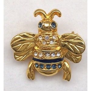 Bee Insect Brooch Scatter Pin Clear Blue Rhinestones Gold Tone Small Vintage